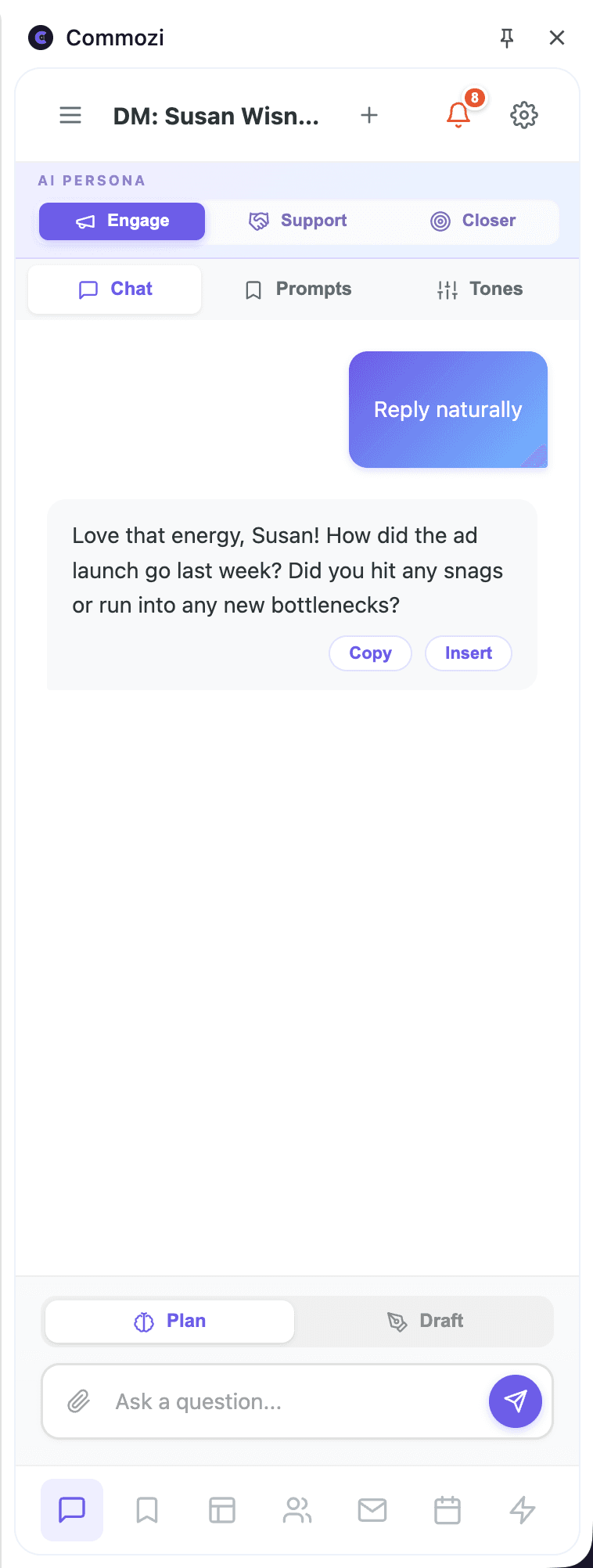 Commozi AI DM Composer drafting a reply inside a Skool DM with Engage, Support, and Closer personas and Copy/Insert actions
