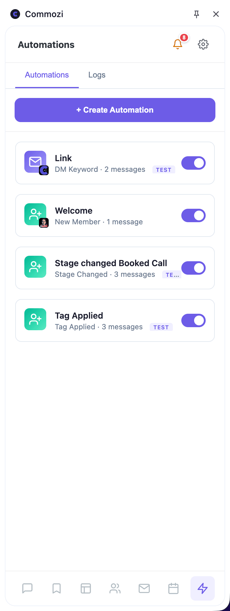 Commozi Automations panel showing Welcome, Stage Changed, and Tag Applied automations