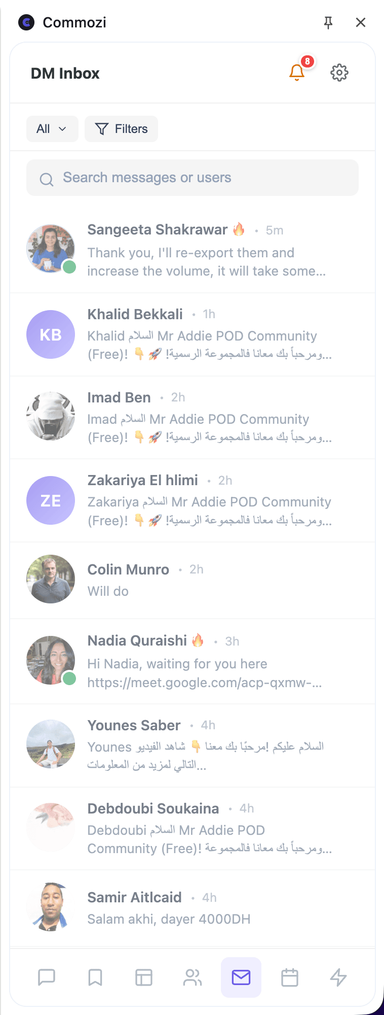 Commozi DM Inbox flooded with morning messages from Skool community members Sangeeta Shrakrawar, Khalid Bekkali, Imad Ben, Zakariya El Hlimi, Colin Munro, Nadia Quraishi, Younes Saber, Debdoubi Soukaina, and Samir Aitlcaid