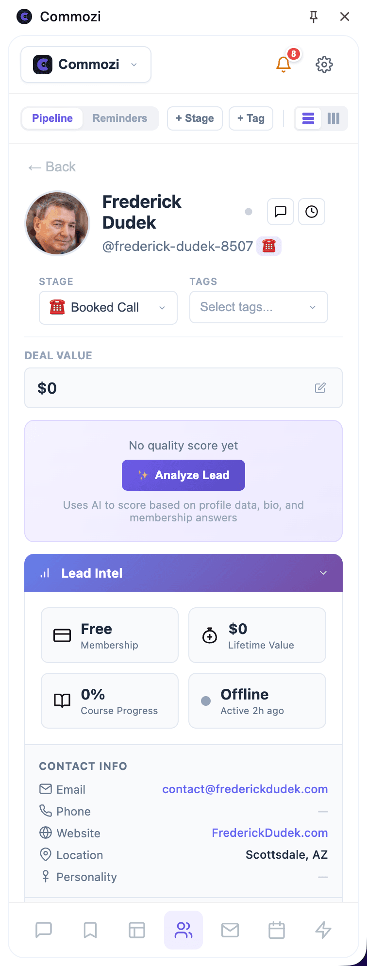 Commozi Lead Intel panel with AI lead analysis, deal value, and lifetime value metrics