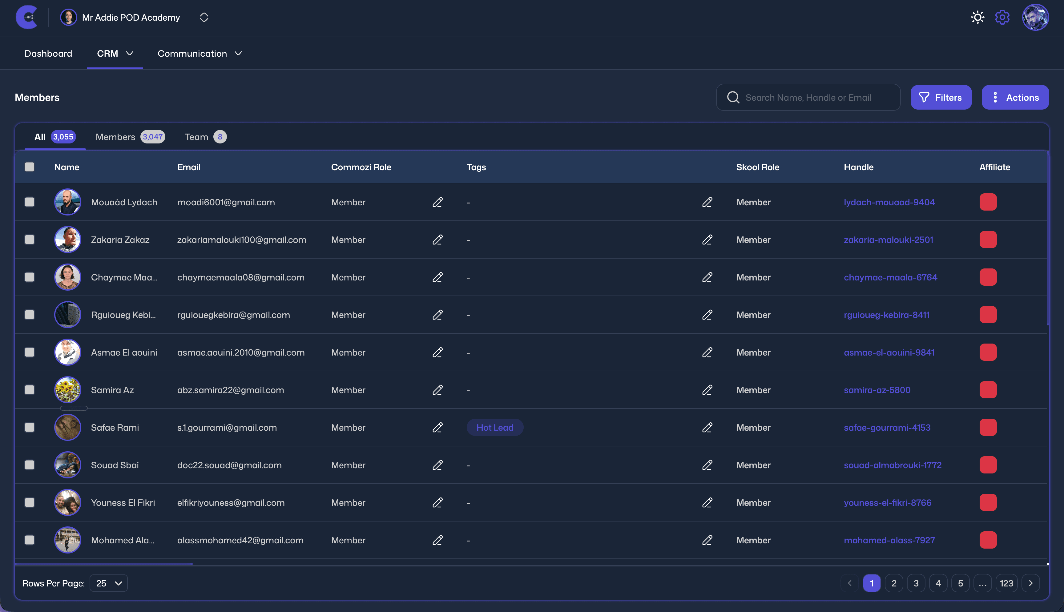 Commozi Members table showing engagement percentages across content modules per member