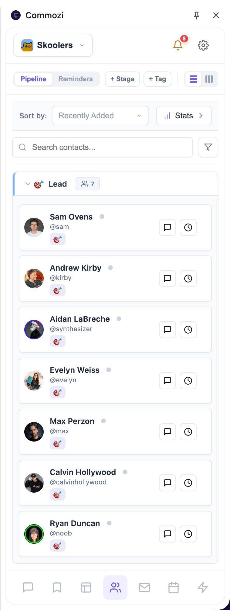 Commozi Pipeline view inside the Skoolers community showing Sam Ovens, Andrew Kirby, Aidan LaBreche, Evelyn Weiss, Max Perzon, Calvin Hollywood, and Ryan Duncan grouped under the Lead stage