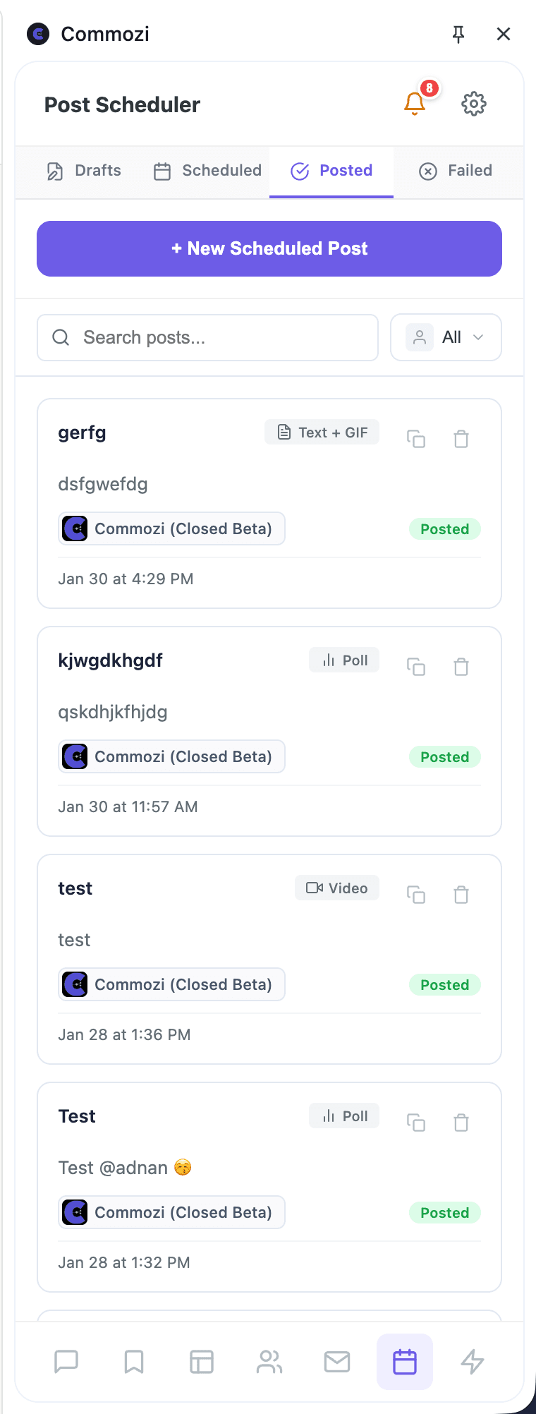 Commozi Post Scheduler with Drafts, Scheduled, Posted, and Failed tabs